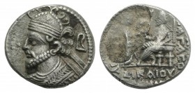 Kings of Parthia, Vologases III (c. AD 105-147). BI Tetradrachm (28mm, 10.29g, 12h). Seleukeia on the Tigris, uncertain year. Diademed and draped bust...