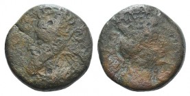 Kings of Parthia, Vologases III (c. AD 105-147). Æ Tetrachalkon (20mm, 7.82g, 12h). Seleukeia on the Tigris, year 430 (AD 118). Bust l., wearing tiara...