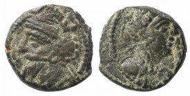 Kings of Parthia, Osroes I (c. AD 109-129). Æ Chalkous (10mm, 1.24g, 12h). Ekbatana. Diademed bust l. R/ Bust of Tyche r., wearing mural crown. Sellwo...