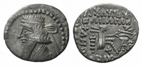 Kings of Parthia, Mithradates V (c. AD 140). AR Drachm (18mm, 3.48g, 12h). Ekbatana. Diademed bust l. R/ Archer (Arsakes I) seated r. on throne, holdi...