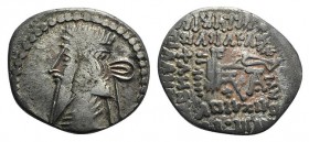 Kings of Parthia, Mithradates V (c. AD 140). AR Drachm (19mm, 2.96g, 12h). Ekbatana. Diademed bust l. R/ Archer (Arsakes I) seated r. on throne, holdi...