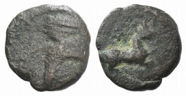 Kings of Parthia, Mithradates V (c. AD 140). Æ Chalkous (10mm, 1.24g, 12h). Ekbatana. Diademed bust l. R/ Goat laying r. Sellwood 82.7. Good Fine