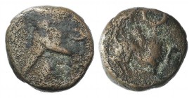 Kings of Parthia, Mithradates V (c. AD 140). Æ Chalkous (9mm, 1.21g, 12h). Ekbatana. Diademed bust l. R/ Goat laying r. Sellwood 82.7. Good Fine