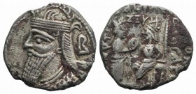 Kings of Parthia, Vologases IV (AD 147-191). BI Tetradrachm (27mm, 13.95g, 1h). Seleukeia on the Tigris, year 467 (AD 155). Diademed and draped bust l...