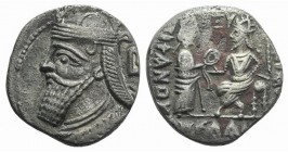 Kings of Parthia, Vologases IV (AD 147-191). BI Tetradrachm (25.5mm, 9.08g, 12h). Seleukeia on the Tigris, year 469 (November AD 157). Diademed and dr...