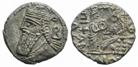 Kings of Parthia, Vologases IV (AD 147-191). BI Tetradrachm (25mm, 12.04g, 12h). Seleukeia on the Tigris, year 483 (October AD 171). Diademed and drap...