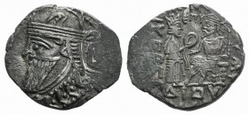 Kings of Parthia, Vologases IV (AD 147-191). BI Tetradrachm (28mm, 13.44g, 12h). Seleukeia on the Tigris, year 485 (October AD 173). Diademed and drap...