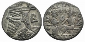 Kings of Parthia, Vologases IV (AD 147-191). BI Tetradrachm (26mm, 13.05g, 12h). Seleukeia on the Tigris, year 491 (June AD 179). Diademed and draped ...
