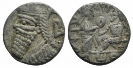 Kings of Parthia, Vologases IV (AD 147-191). BI Tetradrachm (25mm, 13.45g, 12h). Seleukeia on the Tigris, year 491 (July AD 179). Diademed and draped ...