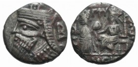 Kings of Parthia, Vologases IV (AD 147-191). BI Tetradrachm (25mm, 11.79g, 12h). Seleukeia on the Tigris, year 493 (May?AD 181). Diademed and draped b...