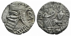 Kings of Parthia, Vologases IV (AD 147-191). BI Tetradrachm (25mm, 13.69g, 12h). Seleukeia on the Tigris, year 497 (April AD 185). Diademed and draped...