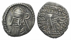 Kings of Parthia, Vologases IV (AD 147-191). AR Drachm (20mm, 3.57g, 12h). Ekbatana. Diademed bust l., wearing tiara. R/ Archer (Arsakes I) seated r. ...