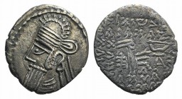 Kings of Parthia, Vologases IV (AD 147-191). AR Drachm (18mm, 3.25g, 12h). Ekbatana. Diademed bust l., wearing tiara. R/ Archer (Arsakes I) seated r. ...