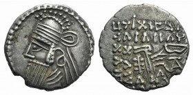 Kings of Parthia, Vologases IV (AD 147-191). AR Drachm (19mm, 3.72g, 12h). Ekbatana. Diademed bust l., wearing tiara. R/ Archer (Arsakes I) seated r. ...