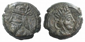 Kings of Parthia, Vologases IV (AD 147-191). Æ Dichalkon (15mm, 3.99g, 12h). Seleukeia on the Tigris, year 483 ? (AD 171). Crowned bust l. R/ Turreted...