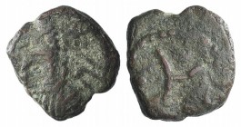 Kings of Parthia, Vologases IV (AD 147-191). Æ Chalkous (11mm, 1.31g, 12h). Ekbatana. Bust l., wearing tiara. R/ Wheel with crescents in rays. Sellwoo...
