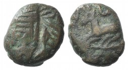 Kings of Parthia, Osroes II (c. AD 190). Æ Chalkous (9mm, 1.30g, 12h). Ekbatana. Diademed head l. R/ Goat galloping l. Sellwood 85.5. Good Fine