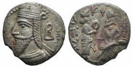 Kings of Parthia, Vologases VI (c. AD 208-228). BI Tetradrachm (26mm, 11.28g, 12h). Seleukeia on the Tigris, year 520 (AD 208/9). Diademed and draped ...