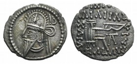 Kings of Parthia, Vologases VI (c. AD 208-228). AR Drachm (19mm, 2.99g, 12h). Ekbatana. Diademed bust l., wearing tiara with earflap. R/ Archer (Arsak...