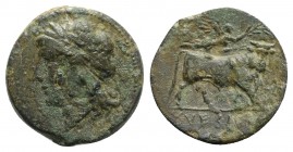 Northern Campania, Suessa Aurunca, c. 265-240 BC. Æ (20mm, 6.00g, 6h). Laureate head of Apollo l.; O to r. R/ Man-headed bull standing r.; above, Nike...
