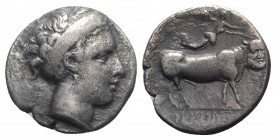 Southern Campania, Neapolis, c. 320-300 BC. AR Didrachm (20mm, 6.83g, 9h). Head of female r., hair in band. R/ Man-headed bull standing r., head facin...