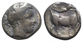 Southern Campania, Neapolis, c. 300-275 BC. AR Didrachm (17mm, 7.22g, 11h). Head of nymph r., wearing broad headband; X behind. R/ Man-headed bull wal...