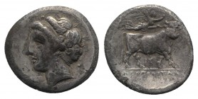 Southern Campania, Neapolis, c. 275-250 BC. AR Drachm (16mm, 3.31g, 11h). Head of nymph l. R/ Man-headed bull walking r.; above, Nike flying r., placi...
