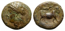 Southern Campania, Neapolis, c. 270-250 BC. Æ (19mm, 6.16g, 12h). Laureate head of Apollo l. R/ Man-headed bull standing r.; above, Nike flying r., pl...