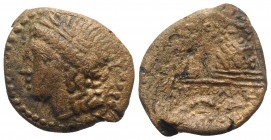 Campania, Neapolis, c. 250-225 BC. Æ (23mm, 6.70g, 12h). Laureate head of Apollo l. within laureate wreath. R/ Lyre leaning against omphalos; caduceus...