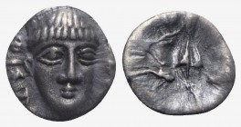 Southern Campania, Phistelia, c. 325-275 BC. AR Obol (9mm, 0.68g, 11h). Male head facing slightly r. R/ Dolphin, barley grain, and mussel shell. Rutte...