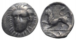 Southern Campania, Phistelia, c. 325-275 BC. AR Obol (10mm, 0.53g, 5h). Female head facing slightly l. R/ Lion standing l.; coiled serpent in exergue;...