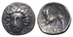 Southern Campania, Phistelia, c. 325-275 BC. AR Obol (9mm, 0.66g, 12h). Female head facing slightly l. R/ Lion standing l.; coiled serpent in exergue;...