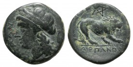 Northern Apulia, Arpi, c. 325-275 BC. Æ (19mm, 5.50g, 6h). Laureate head of Apollo l. R/ Lion standing r.; pentagram above. HNItaly 639; SNG ANS -; SN...