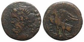 Northern Apulia, Venusia, c. 210-200 BC. Æ Quincunx (27mm, 12.52g, 6h). Laureate head of Jupiter l.; five pellets behind. R/ Eagle standing l. on thun...