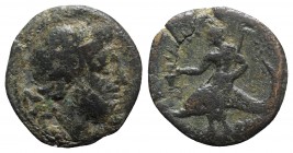 Southern Apulia, Brundisium, 2nd century BC. Æ Sextans (22mm, 10.07g, 7h). Head of Poseidon r. R/ Youth seated on dolphin l., holding Nike and lyre; s...
