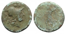Southern Apulia, Caelia, c. 220-150 BC. Æ Sextans (19mm, 4.01g, 1h). Helmeted head of Athena r.; two pellets above, K to l. R/ Nike advancing l., hold...