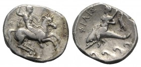 Southern Apulia, Tarentum, c. 330-302 BC. AR Nomos (21mm, 7.83g, 11h). Warrior, holding shield and two spears, preparing to cast a third, on horseback...