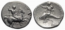 Southern Apulia, Tarentum, c. 332-302 BC. AR Nomos (22mm, 7.43g, 12h). Warrior, holding shield and two spears, preparing to cast a third, on horseback...