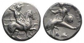 Southern Apulia, Tarentum, c. 330-302 BC. AR Nomos (19mm, 7.75g, 3h). Warrior, holding shield and two spears, preparing to cast a third, on horseback ...