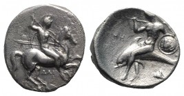Southern Apulia, Tarentum, c. 330-302 BC. AR Nomos (21mm, 7.59g, 2h). Warrior, holding shield and two spears, preparing to cast a third, on horseback ...