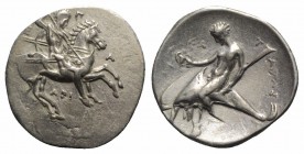 Southern Apulia, Tarentum, c. 330-302 BC. AR Nomos (22mm, 7.86g, 7h). Warrior on horseback r., holding shield, two lances, and spear; EΠA around, API ...