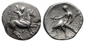 Southern Apulia, Tarentum, c. 330-302 BC. AR Nomos (20mm, 7.34g, 12h). Warrior on horseback r., holding shield, two lances, and spear; Ξ to l., API be...