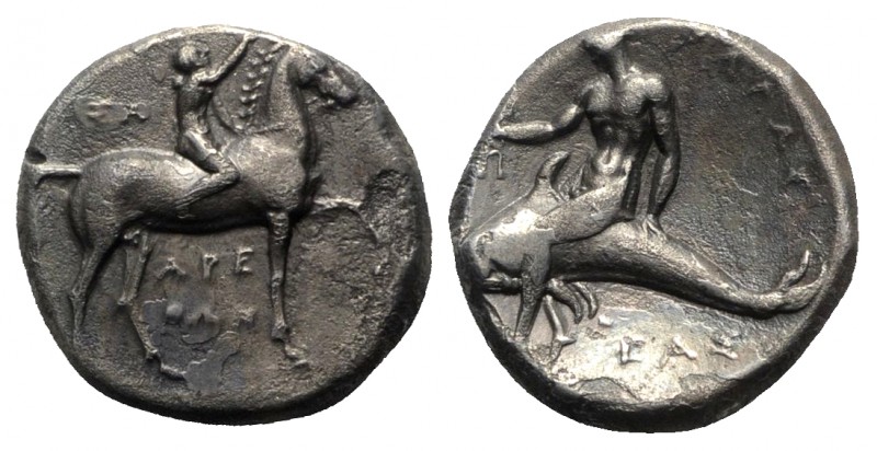 Southern Apulia, Tarentum, c. 302-280 BC. AR Nomos (20mm, 7.65g, 1h). Youth on h...