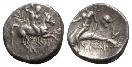 Southern Apulia, Tarentum, c. 272-240 BC. AR Nomos (18mm, 6.18g, 3h). Aristokles and Di-, magistrates. Horseman r., holding shield and two spears, pre...