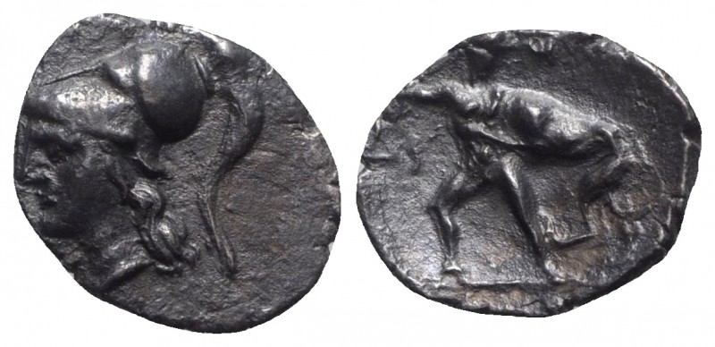 Southern Apulia, Tarentum, c. 280-228 BC. AR Diobol (11mm, 0.87g, 11h). Helmeted...