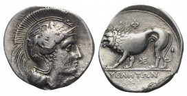 Northern Lucania, Velia, c. 334-300 BC. AR Didrachm (22mm, 7.48g, 1h). Kleudoros group. Helmeted head of Athena r., helmet decorated with griffin. R/ ...