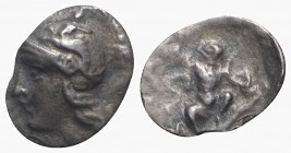 Southern Lucania, Herakleia, c. 281-278 BC. AR Diobol (10mm, 0.60g, 9h). Helmeted head of Athena l. R/ Infant Herakles, kneeling r., head l., strangli...