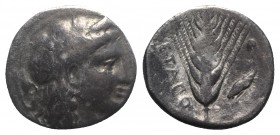 Southern Lucania, Metapontion, c. 400-340 BC. AR Stater (21mm, 7.42g, 12h). Wreathed head of Demeter r.; barley grain behind. R/ Grain ear with leaf t...