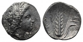 Southern Lucania, Metapontion, c. 330-290 BC. AR Stater (20mm, 7.48g, 4h). Head of Demeter r., wearing grain-ear wreath and earring. R/ Barley ear, le...