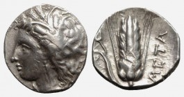 Southern Lucania, Metapontion, c. 330-290 BC. AR Stater (20mm, 7.83g, 3h). Wreathed head of Demeter l. R/ Barley ear with leaf to l.; to l., pitchfork...
